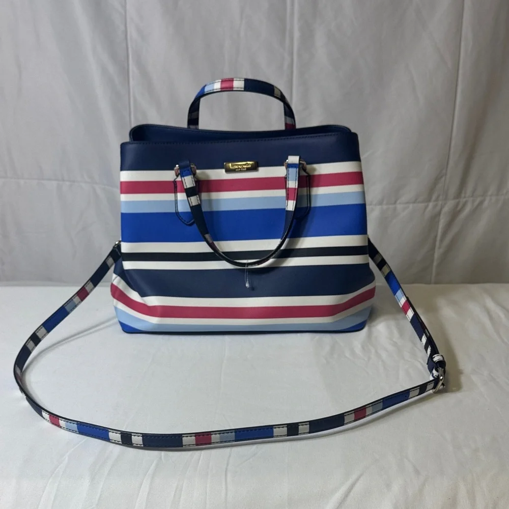 Kate Spade New York Striped Satchel Tote Crossbody Bag Navy Rose White Blue